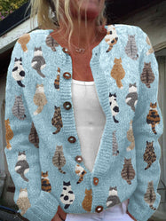 Women’s Cat Print Knit Cardigan - Blue