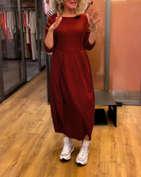 Women’s Round Neck Midi Dress with 3/4 Sleeves - Wine Red