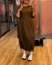 Women’s Round Neck Midi Dress with 3/4 Sleeves - Brown