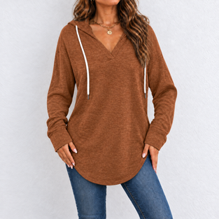 Women’s Hooded V-Neck Pullover with Curved Hem - Caramel