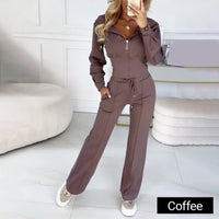 Women’s Zip-Up Hooded Two-Piece Lounge Set - Coffee