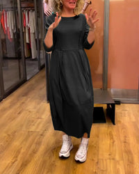 Women’s Round Neck Midi Dress with 3/4 Sleeves - Black