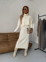 Women’s Knit Midi Dress and Turtleneck Jumper Set - Cream