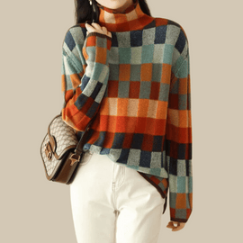 Women’s Patchwork Check Turtleneck Jumper - Multicolour