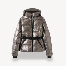 Women’s Belted Geometric Print Puffer Jacket - Bronze