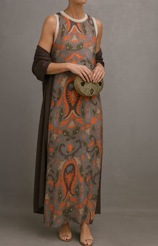 Women’s Printed Maxi Dress with Long Cardigan Set - Coffee