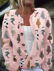 Women’s Cat Print Knit Cardigan - Pink