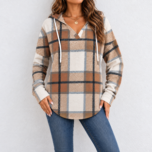 Women’s Hooded V-Neck Pullover with Curved Hem - Dusty Rose