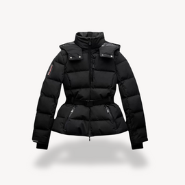 Women’s Belted Geometric Print Puffer Jacket - Grey-Black
