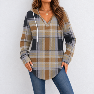 Women’s Hooded V-Neck Pullover with Curved Hem - Dark Coffee