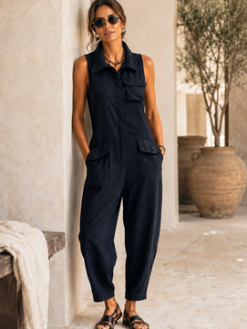 Women's Linen Jumpsuit with Collar and Wide Leg