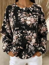 Black Floral Sweatshirt for Women | Henley Collar Long Sleeve Pullover