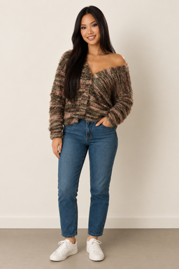 Women’s Open-Front Cardigan with Multicolour Striped Knit