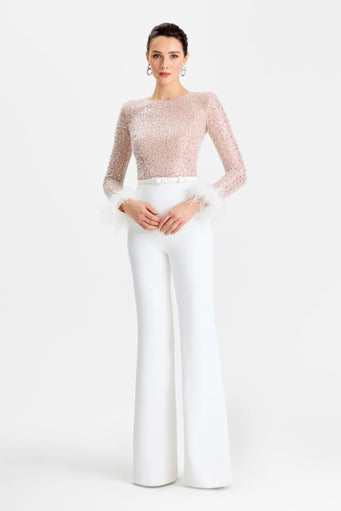 Jumpsuit | Embellished Semi-Transparent Top, Wide-Leg Pants 0