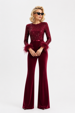 Jumpsuit | Embellished Semi-Transparent Top, Wide-Leg Pants 10