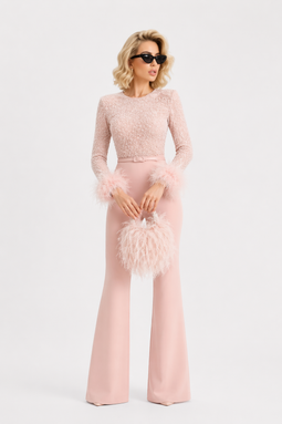 Jumpsuit | Embellished Semi-Transparent Top, Wide-Leg Pants 8