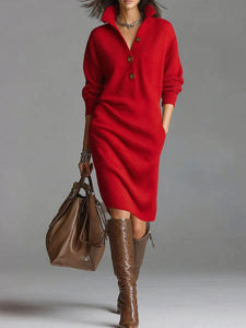 Midi Dress | Ribbed Texture, Long Sleeve Design 1