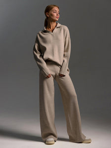Women’s Polo Collar Knit Jumper and Trouser Set - Beige