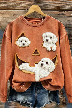 Halloween Maltese Dog Pumpkin Print Long Sleeve Top for Women – RUSTY