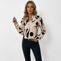 Women’s Abstract Print Long-Sleeve Blouse with Soft Drape