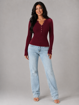 Women's Top | Buttoned Henley Neckline, Ribbed Texture 3