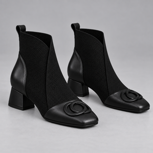 Women’s Square Toe Knit Panel Ankle Boots - Black