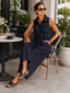 Women's Linen Jumpsuit with Collar and Wide Leg