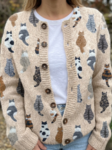 Women’s Cat Print Knit Cardigan - Beige