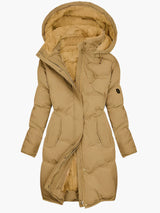 Women’s Long Puffer Coat with Faux Fur Lined Hood - Camel