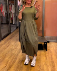 Women’s Round Neck Midi Dress with 3/4 Sleeves - Green