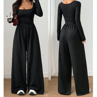 Women’s Square Neck Long Sleeve Wide-Leg Jumpsuit - Black