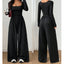 Women’s Square Neck Long Sleeve Wide-Leg Jumpsuit - Black