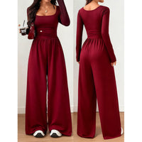 Women’s Square Neck Long Sleeve Wide-Leg Jumpsuit - Red