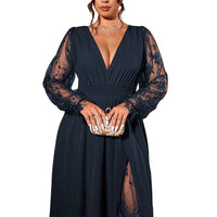 Women’s Lace Sleeve V-Neck Maxi Dress - Navy Blue