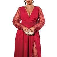 Women’s Lace Sleeve V-Neck Maxi Dress - Red