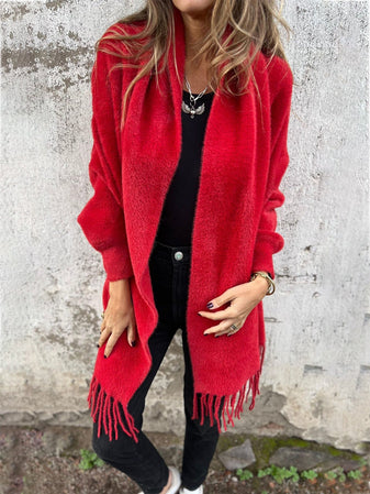 Women’s Longline Shawl Collar Fringe Cardigan