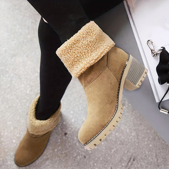 Women’s Shearling-Cuffed Block Heel Ankle Boots